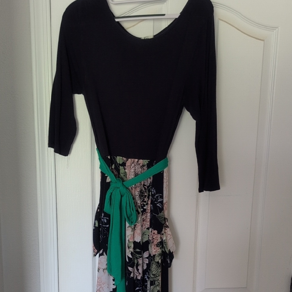 Dark Navy and Floral Dress with Green Sash